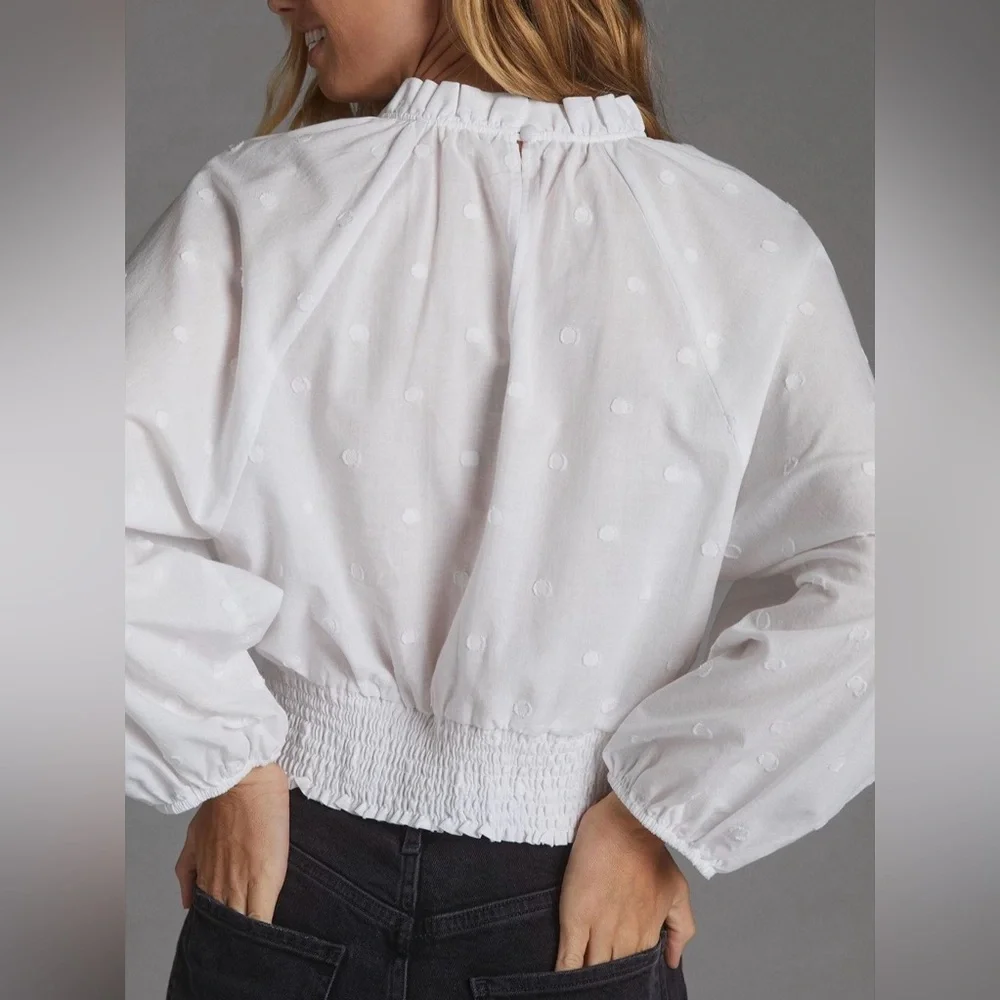 Anthropologie. Maeve Polka Dot Puff Sleeve Blouse. White. Size 2.
